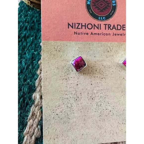 Handcrafted Sterling Silver & Pink Mojave Square Stud Earnings - Picture 3 of 6